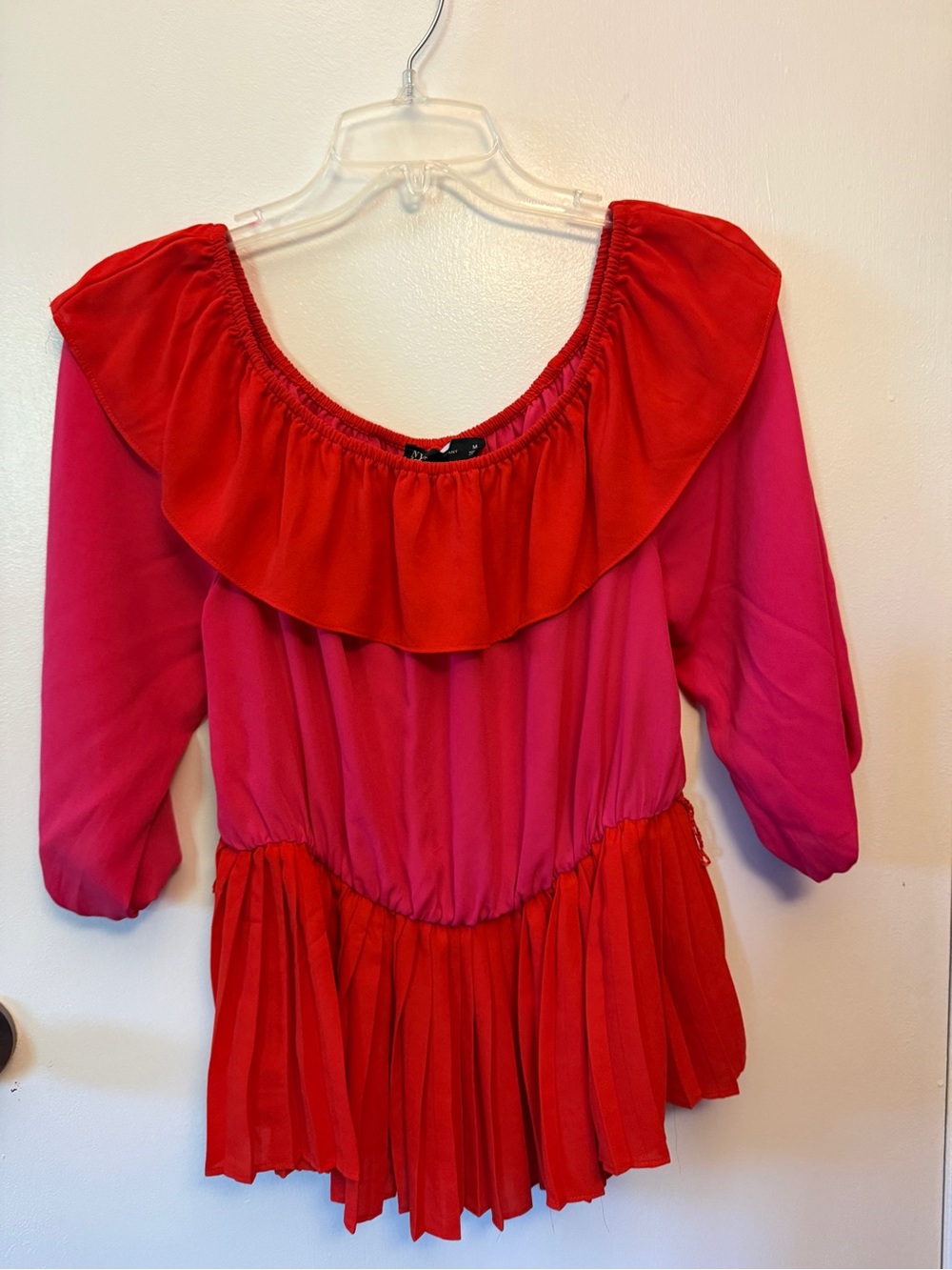 New York & Company Pink and Red Ruffle Off-Shoulder Blouse